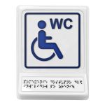 Пиктограмма с дублированием информации по системе Брайля на наклонной площадке «Туалет для инвалидов на кресле-коляске», синяя, 240х180х30 мм